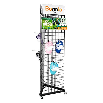 Bonnlo 6' x 2' Triangle Grid Panel Tower with Base and Casters, 5mm Wire, 220 lbs Capacity Wall Display Rack with 3 Sizes x 6 Hooks, Black