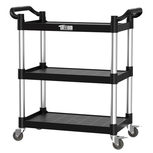 TUFFIOM 3-Tier Plastic Service Utility Cart with Wheels, Heavy Duty 390lbs Capacity, Commercial Rolling Ideal for Restaurant, Foodservice, Office, Warehouse, Black 24.6''L x 15.8''W x 37.4''H - size: Black 24.6''L x 15.8''W x 37.4''H