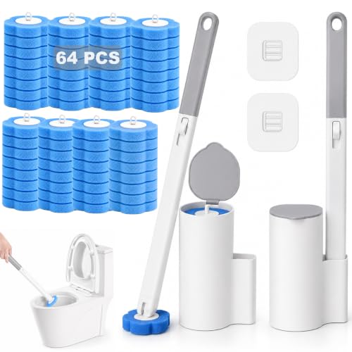Disposable Toilet Brush Kit with 2 Handles & Holders, 64 Refill Heads - size: 2 Handles & Holders + 64 Refills