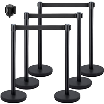 6PCS Stanchion Queue Post, Black 6.5ft Retractable Belt 36In Height, Stanchion Posts Queue Pole for Crowd Control Barriers