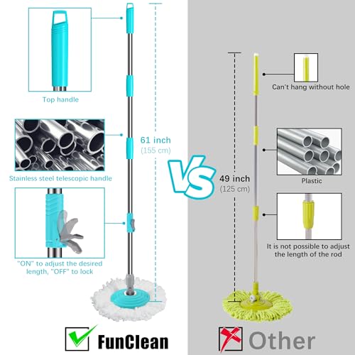 FunClean Large Spin Mop Bucket Set with Wringer, 2 Gal Capacity, Blue - size: Large - 6 Mop Heads - Blue