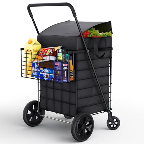 Our Modern Space Shopping Cart w/Waterproof Basket Liner & Large 360° Swivel Wheels | Foldable Collapsible & Lightweight | Perfect for Groceries Laundry Utility Cart - Black - color: Black, size: Extra Large