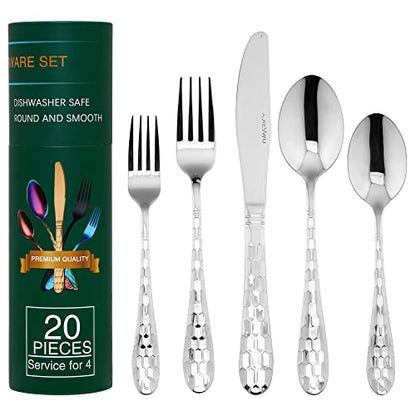 20-Piece Silverware Set, Flatware Cutlery Silverware Set Service for 4, 18/10 Hammered Stainless Steel Utensils Tableware Set Include Knife Spoon Fork, Unique Design, Mirror Polished (Silver) - color: Silver