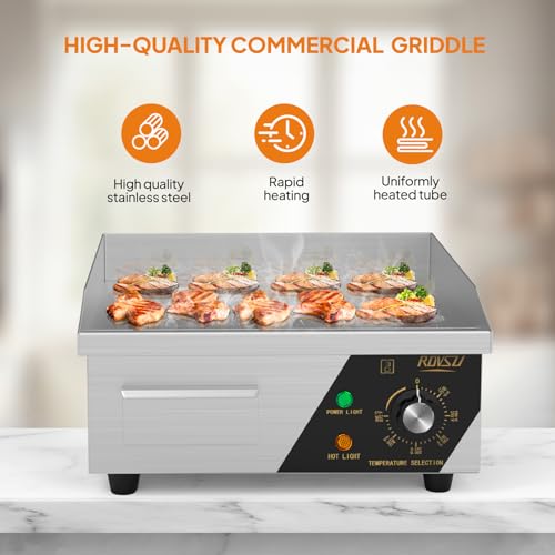 ROVSUN 14" Electric Countertop Flat Top Griddle, 1500W Electric Griddle, Teppanyaki Grill Stainless Steel with Adjustable Temperature Control 122°F-572°F for Home Restaurant Commercial - size: 14"
