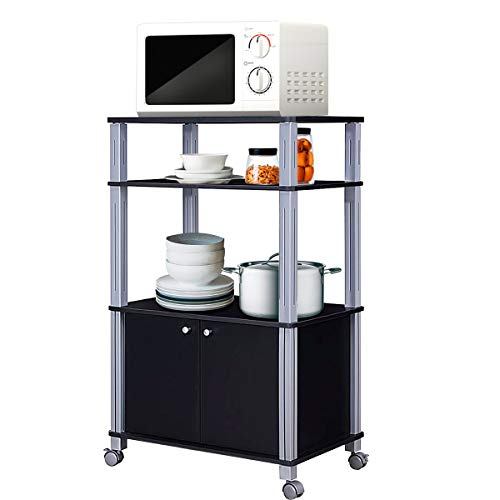 Giantex Rolling Kitchen Bakers Rack Microwave Oven Stand Utility Cart Multifunctional Display Shelf on Wheels with 2-Tier Shelf and Cabinet Spice Organizer for Kitchen Dining Room Furniture (Black) - color: Black
