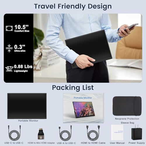 Topmonitor Small Portable Monitor 10.5" 500 Nits 2000:1 FHD 1280P IPS Screen, Ultra-Slim Mini Monitor w/Kickstand & Dual Speaker, USB C HDMI HDR Portable Gaming Monitor, Travel Monitors for Laptop PCs