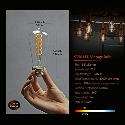 6 Pack ST19 ST58 Edison Bulb, Vintage LED Filament Bulb,Softy White 2700K, Antique Flexible Spiral LED Filament Light Bulb, Dimmable 600LM, 6W Equivalent to 60W, E26 Base,Clear Glass