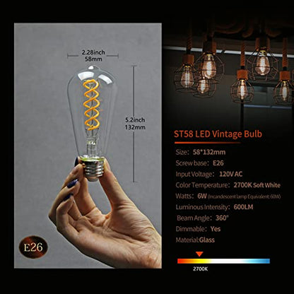 6 Pack ST19 ST58 Edison Bulb, Vintage LED Filament Bulb,Softy White 2700K, Antique Flexible Spiral LED Filament Light Bulb, Dimmable 600LM, 6W Equivalent to 60W, E26 Base,Clear Glass
