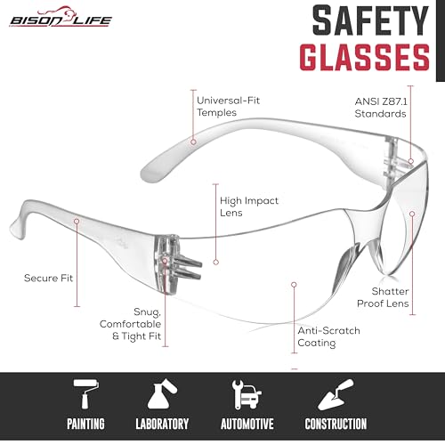 BISON LIFE Clear Safety Glasses for Men & Women, ANSI Z87.1 Certified,12Pk - color: Clear/Clear