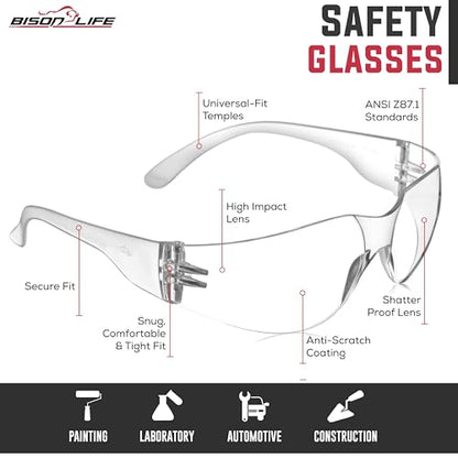 BISON LIFE Clear Safety Glasses for Men & Women, ANSI Z87.1 Certified,12Pk - color: Clear/Clear