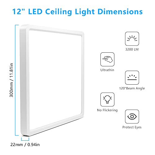 LightingWill 12Inch 24W Square LED Flush Mount Ceiling Light, 4000K Natural White LED Ceiling Lamp, Surface Mount Modern Ceiling Light Fixtures for Bedroom, Kitchen, Bathroom, Living Room, Hallways - color: Natural White, size: 12 inch White