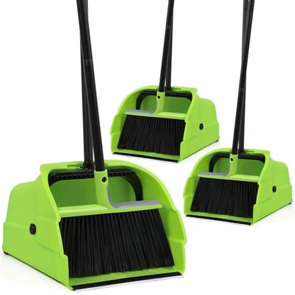 (3PK) Jumbo Commercial Broom and Dustpan Set with Large Standing Scoop Dustpan and Heavy Duty Broom, Long Handle, for Indoor/Outdoor Floor Cleaning, Janitor Supplies