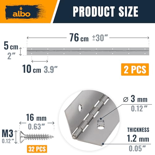 ALBO 30" x 2" Piano Hinge Stainless Steel 304, Silver, 2-Pack - color: Silver, size: 30 Inch