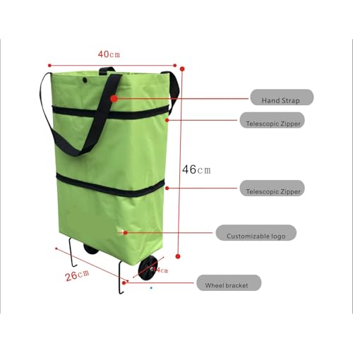 Foldable Wheeled Grocery Bag - Water-Resistant Rolling Tote - color: Green Flower