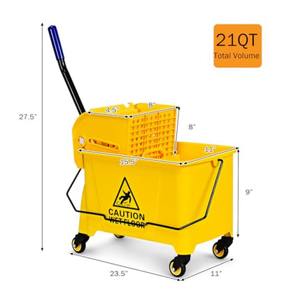 ARLIME Commercial Mop Bucket with Wringer, 21 Quart Capacity Portable Wringer Trolley, Side Press Floor Cleaning Wavebrake w/Handle, Small Mop Bucket on Wheels for Home, Industrial, Yellow