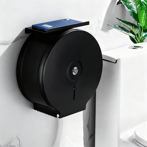 Commercial Jumbo Toilet Paper Dispenser with Shelf, Black Stainless Steel Toilet Paper Holder Wall Mount, 9 Inch Bathroom Tissue Roll Dispenser with Lock Key - color: Black With Shelf