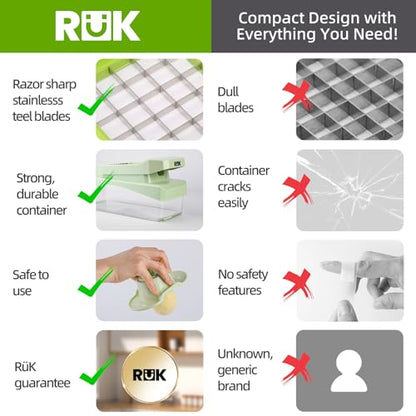 RüK 10-in-1 Vegetable Chopper – 6 Blade Veggie Chopper with Container, Food Dicer, Onion Cutter, Cheese Grater, Mandoline Slicer, Kitchen Gadgets & Home Essentials (Green) - color: Green