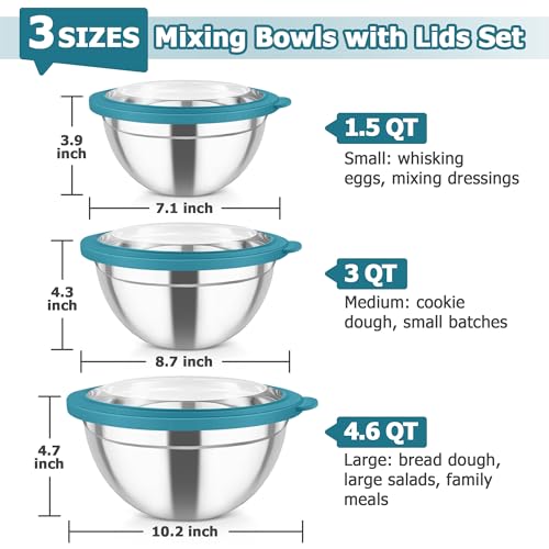 TeamFar Mixing Bowl Set, 4.5/3/1.5 QT Stainless Steel Nesting Salad Bowls - color: Dark Blue