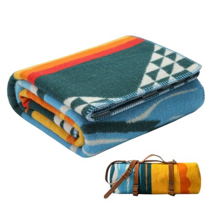 PuTian 100% Wool Blanket - Camping Outdoor Blanket, Mountain Sunrise Green - color: Mountain Sunrise Pattern Green, size: 63" × 87"