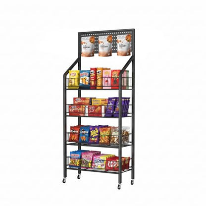 4 Tier Retail Display Racks, Freestanding Snack Rack Display Stand with 15 Hooks & 4 Wheels, Metal Snack Shelf Organizer for Supermarket Retail Store Commercial Kitchen Office, Black - size: 4Tier/10.63"D X 23.62"W X 55.12"H