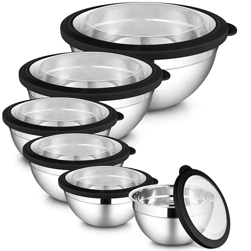 LIANYU Stainless Steel Mixing Bowls with Transparent Airtight Lids Set of 6 - color: Black, style: Atlas Base with Visible Lids