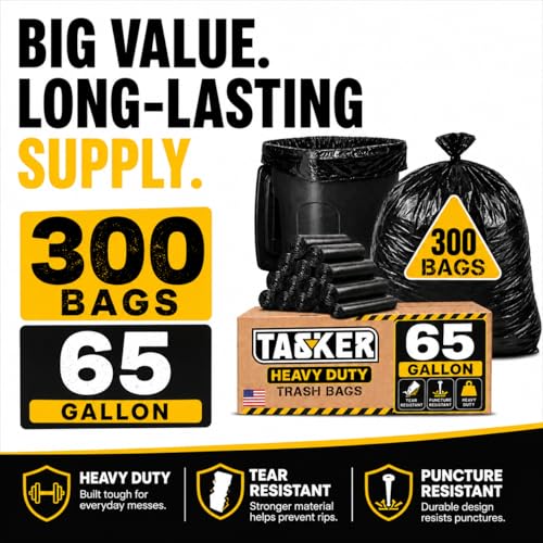 TASKER 300 Bags, 64-65 Gallon Trash Bags Heavy Duty, Large Black Garbage Bags, Wide Mouth Trash Can Liners for 60, 64, 65 and 70 Gallon Cans to Fit Toter Cart Liners for Outdoor Lawn Yard Cleanup - size: 300 Count (Pack of 1)