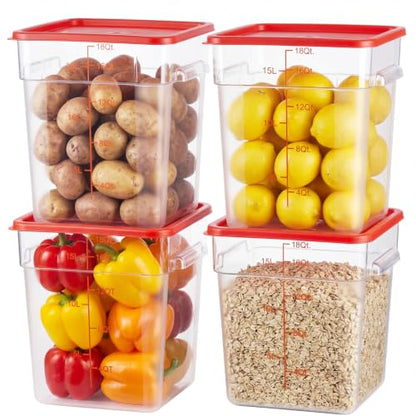 4 Pack Food Storage Containers with Red Lids, 18.0 Qt - Square, Clear, Polycarbonate, for Restaurant Commercial Kitchen and Home party - color: 18.0 Qt-Red Lids