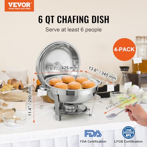 VEVOR Chafing Dish Buffet Set, 5 Qt 4 Pack, Stainless Steel Chafer with Full Size Pan, Round Catering Warmer Server with Lid Water Pan Stand Fuel Holder Cover Holder Spoon, for at Least 6 People Each - color: Silver, size: 4packs 6QT