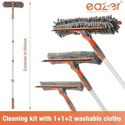 Eazer 2-in-1 Window Cleaner Tool, 64'' Window Squeegee for Home, Window Cleaning Squeegee Kit with Telescopic Pole, Window Washing Kit with Rotatable Bendable Head(Threaded + Telescopic) - EAW01 - size: 64inch