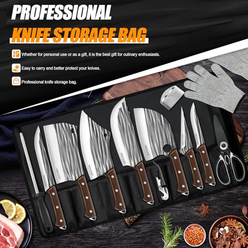 MDHAND Butcher Knife Set, Hand Forged Kitchen Chef Knife Set with Roll Bag - size: 14PCS Stripe Butcher Knife Set