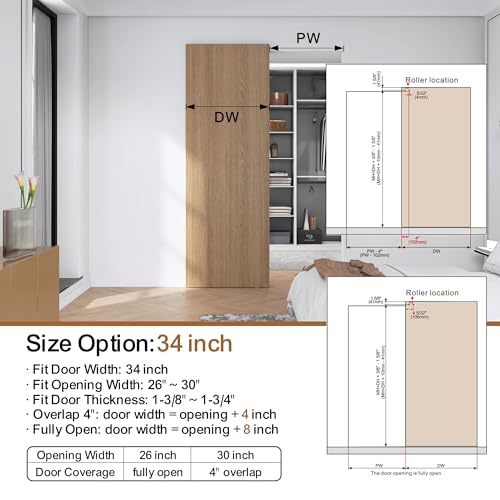 Sdstone 34” Concealed Barn Door Hardware Kit with Soft Close Mechanism,Hidden Ghost Barn Door Hardware Kit for Door Opening Width 26" to 30", Wall Mount Aluminum Track (Door not Included) - size: 34IN