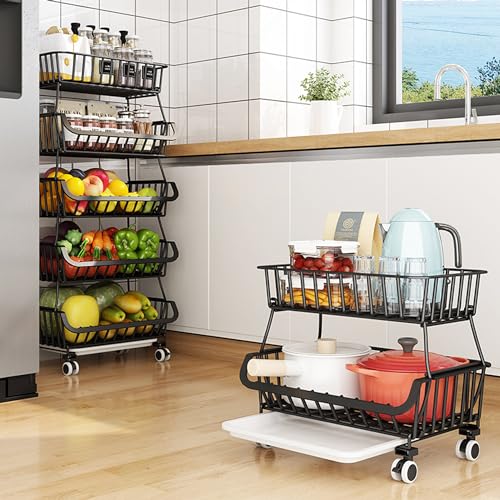 BEEY Metal Storage Baskets with Wheels, Metal Wire Market Basket Storage Organizer Cart Rolling Stackable Storage Bins for Kitchen,Pantry,Bedroom (Black, 5 Tier) - color: Black, size: 5 Tier