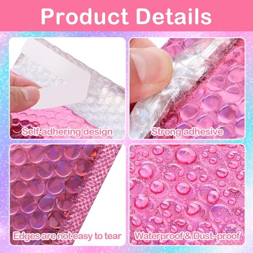 60 Pcs Small Bubble Mailers Cute Holographic Padded Envelopes, 6 x 9.5 Inch Self Seal Waterproof Shipping Bags for Jewelry Makeup Accessories Small Business (Silver Pink Rose Pink)
