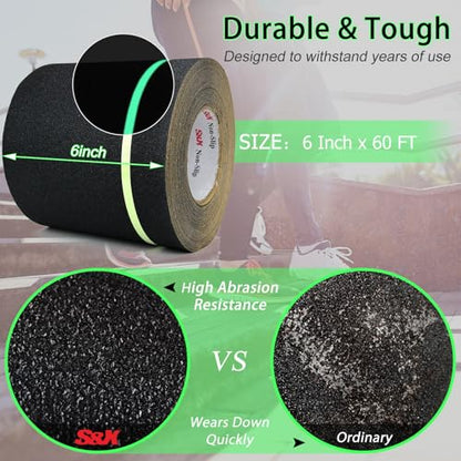 S&X Anti Slip Tape 6in x 60ft Glow-in-the-Dark Grip Tape for Stairs & Ramps - color: Black/Glow-in-the-Dark, size: 6" X 60'