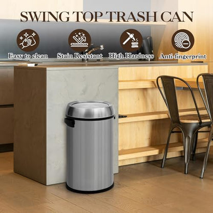 Jojoka 17 gal Stainless Steel Trash Can, Fingerprint-Proof Commercial Garbage Bin with Swing Lid for Restaurant, Kitchen, Office, Home, Silver - color: Silver