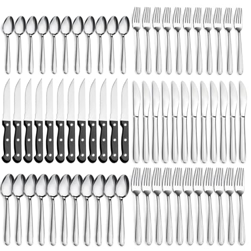 Pleafind 72-Pieces Silverware Set for 12, Flatware Set with Steak Knives, Stainless Steel Cutlery Set, Include Forks Spoons and Knives Set, Dishwasher Safe Utensil Sets for Home Restaurant - color: Argent, size: 72P