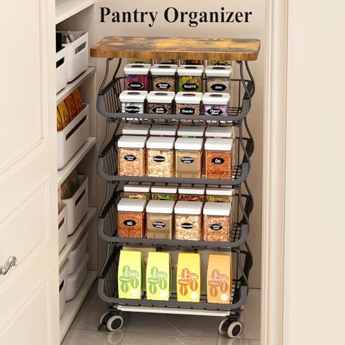 SAYZH 5-Tier Fruit and Vegetable Basket Stand for Kitchen, Wood Top, Black - color: Black, size: 5 Tiers