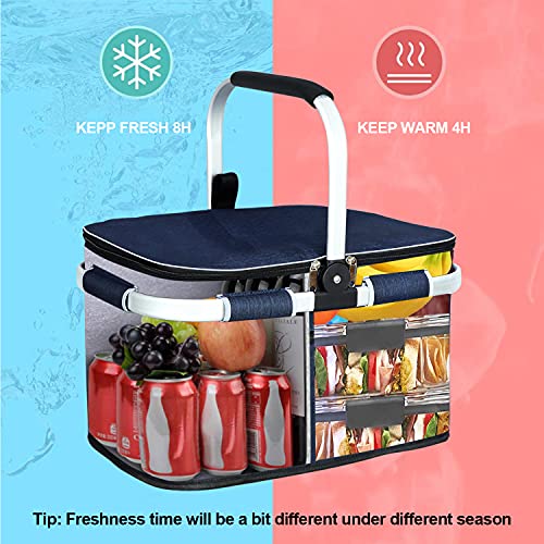 LIQING 35L Large Picnic Basket 2 Layers of Internal Pockets Leak-Proof and Insulated ，Folding with Internal Support for enhansed Stability, Wedding Gifts for Couple(Navy Blue) - color: Navy Blue