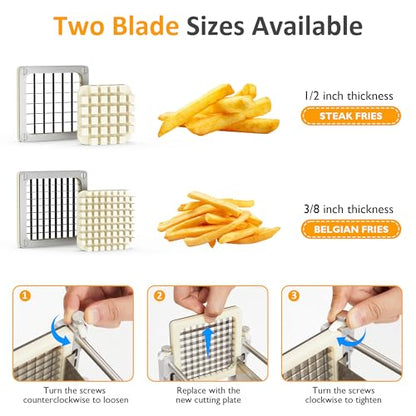 Sunvivi French Fry Cutter Stainless Steel Potato Slicer : with 2 Replaceable blades (1/2 & 3/8 Inch), Professional Fries Cutter for Potatoes, Carrots, Cucumber, Onion, Yam - size: Large-Hand-push