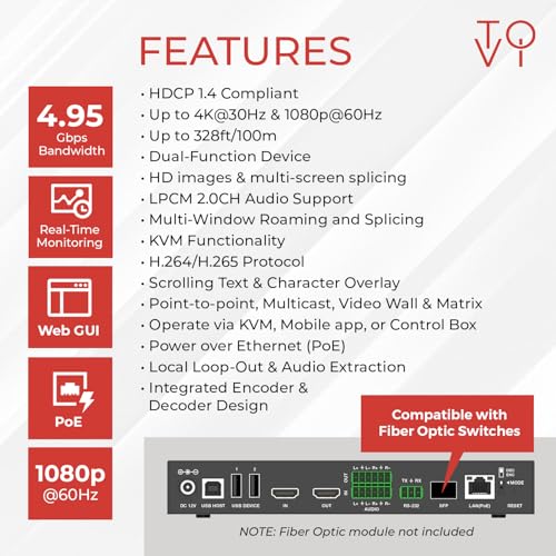ToVi 4K HDMI Over IP Encoder/Decoder, USB/KVM, PoE, RS-232, IR, RJ45, Fiber