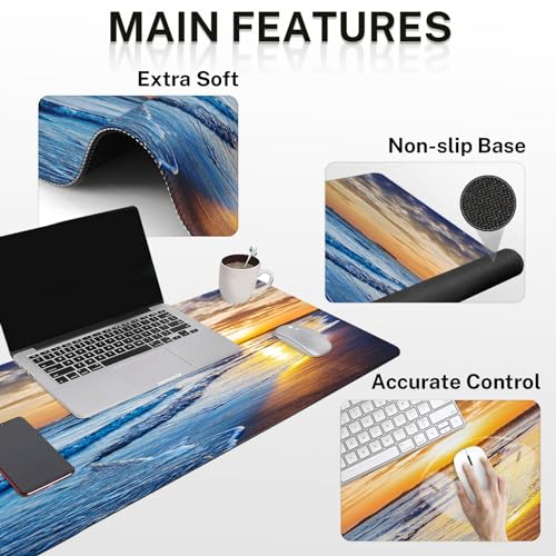 Arttown Keyboard Mouse Pad Set, 4 in 1 Desk Mat Set Ocean Beach Sunset - color: Beach Sunset