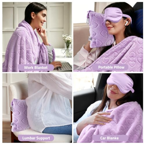 Travel Blanket, Airplane Blanket, Ultra-Soft, Warm & Lightweight, 65x40 in, Outdoor Blanket Essentials for Women, Men & Kids, Included Eye Mask, Luggage Sleeve & Backpack Clip Heart Purple - color: Heart Purple