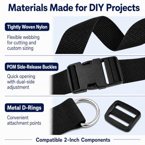 2 Inch Straps and Buckles Set, 12 Yards Nylon Webbing Strap, 12 Pack Release Buckles, 24 Tri-Glide Slide Clips, 12 Pack Metal D-Rings MaHeavy Duty Adjustable Quick Snap Fasteners, No Sewing Required - size: 2" 12 Pcs Buckle Set