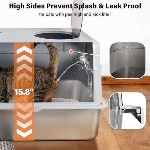 Stainless Steel Litter Box with Lid,Extra Large Enclosed cat Litter Box - color: Enclosed-XL