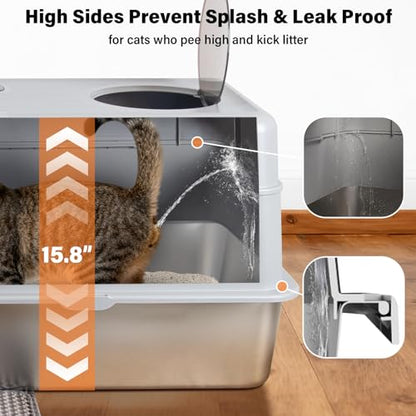 Stainless Steel Litter Box with Lid,Extra Large Enclosed cat Litter Box - color: Enclosed-XL