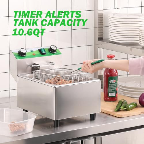 NUPANT Electric Deep Fryer with Timer 10L/10.6QT Commercial Deep Fryer with Basket and Lid, Temp Control, 1700W/110V Stainless Steel Single Oil Fryer Countertop Fryer for Home and Restaurant Use - size: 10L