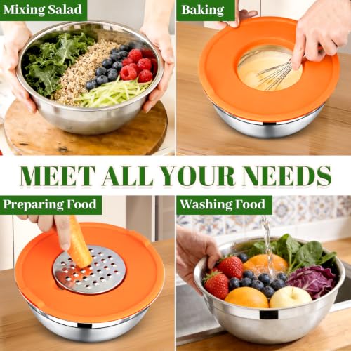 8-Piece Colorful Stainless Steel Mixing Bowl Set with Lids, Includes 5 Nesting Bowls and 3 Grater Attachments for Mixing and Serving, 1.5/2.1/3.5/4/4.5 QT - color: 8PCS Rainbow-color Mixing Bowls Set