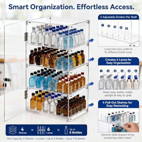 Cinnvoice Mini Liquor 50ml Bottles Retail Display Case with Lock, 12 x 12 x 24 in Clear Acrylic Countertop Rack, Adjustable Dividers Holders, Holds 192 Nips - style: Classic