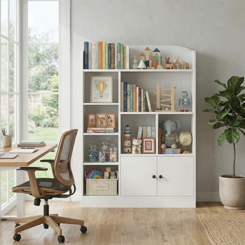 DIYART White Kids Bookshelf, Kids Bookcase with 7 Cubbies and 2 Cabinets, Freestanding Book Storage Shelves for Bedroom, Playroom, Hallway, 35.4" W x 48" H - color: White, size: 35.4"W x 48"H