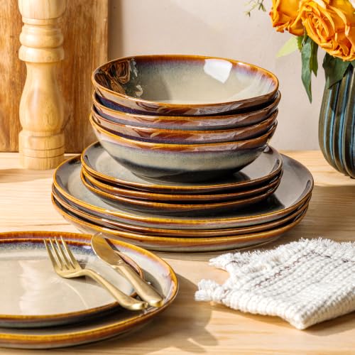 TheTerra Ceramic Dinnerware Set for 4, 12-Piece Plates and Bowls Set - color: Mocha Brown